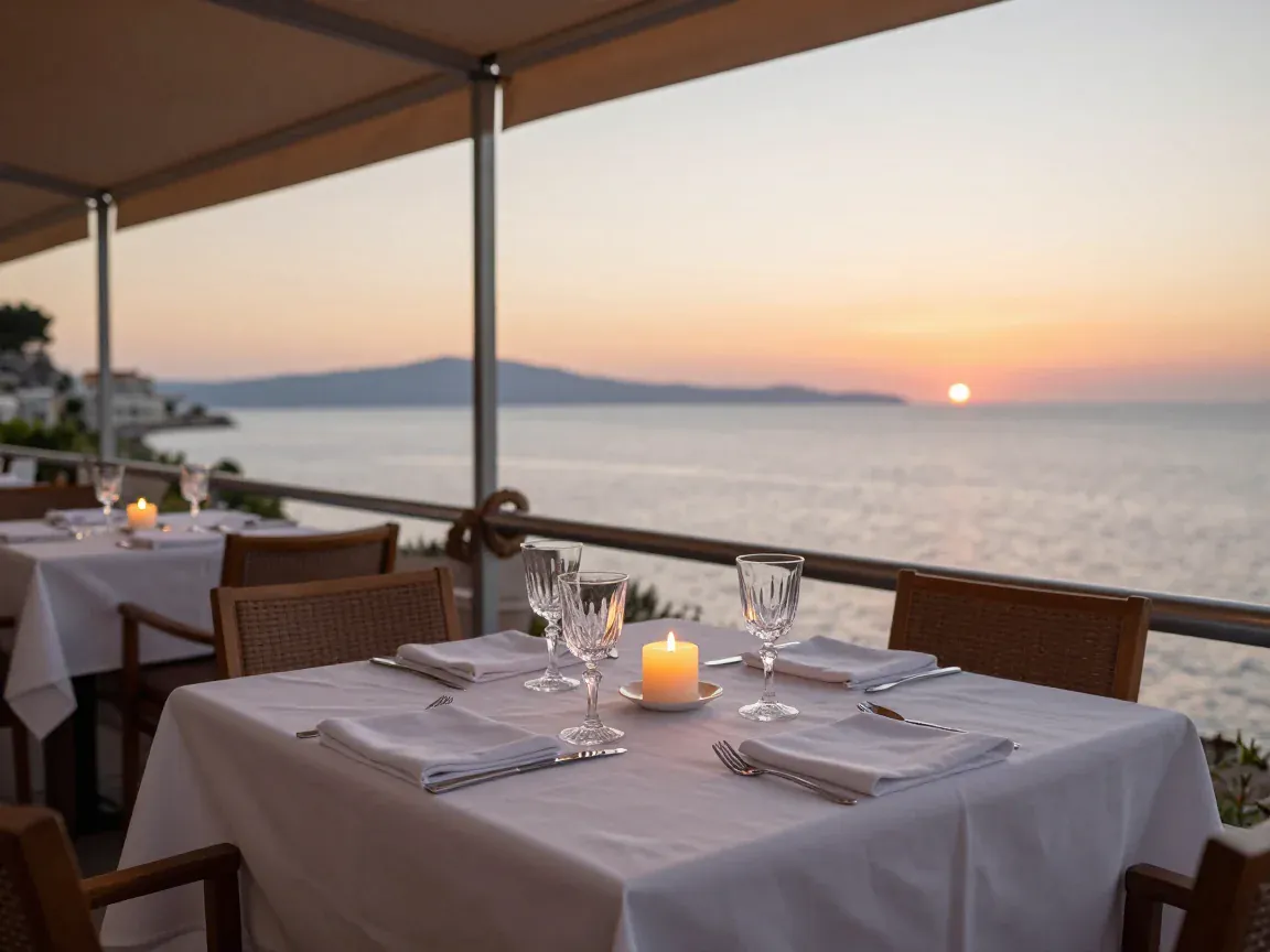 Table dressée sur une terrasse en bord de mer au coucher du soleil