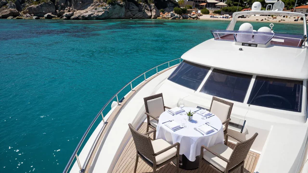Yacht ancré dans une crique de la Riviera, table dressée sur le pont