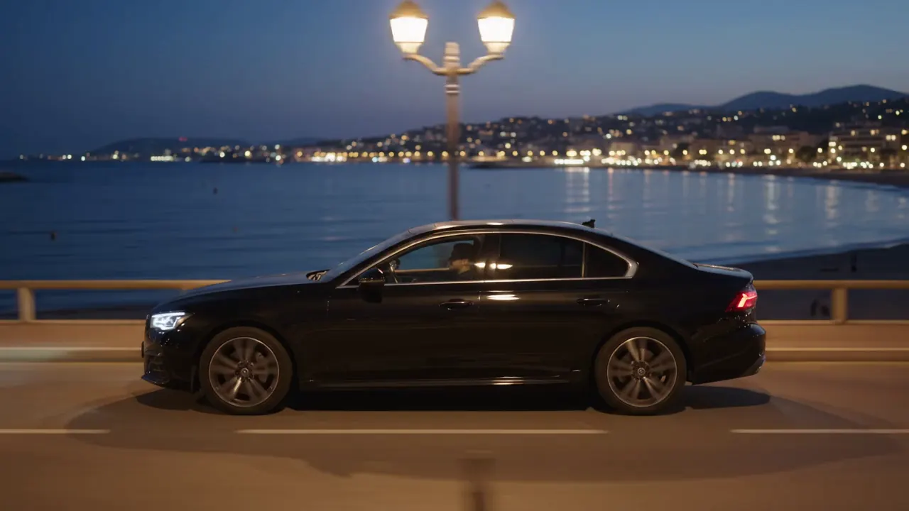 Berline noire roulant de nuit sur la route littorale de la Côte d’Azur