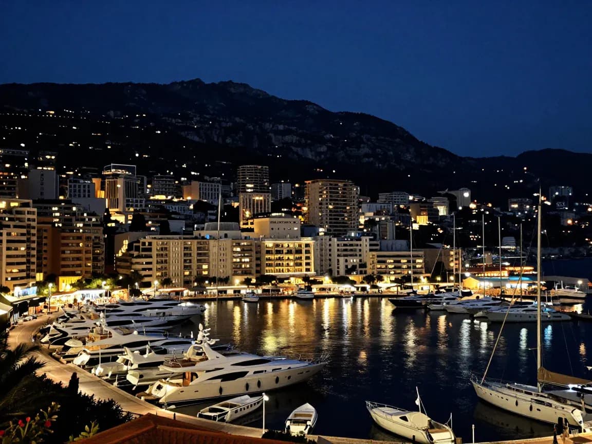 Port Hercule de Monaco éclairé la nuit, yachts amarrés